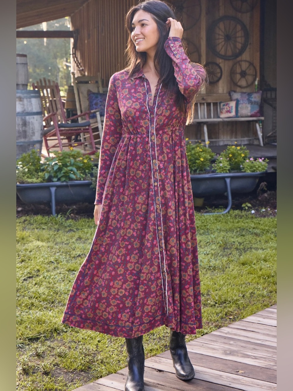 Natural Life Soft Cotton Midi Shirt Dress Burgundy Multi Color Floral Sz S Boho